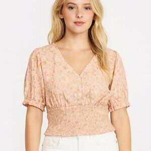 Madden Girl Ditsy Peach Floral Smocked V Neck Puff Sleeve Blouse